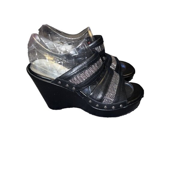 HARLEY DAVIDSON Black Leather Wedge Slip-On Strap Sandals, 4" Heel Sz 8.5 - Picture 1 of 12